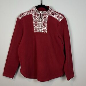 Vtg LL Bean Red Fleece Pullover Snowflake‎ Trim Womens Sweatshirt Small 90s